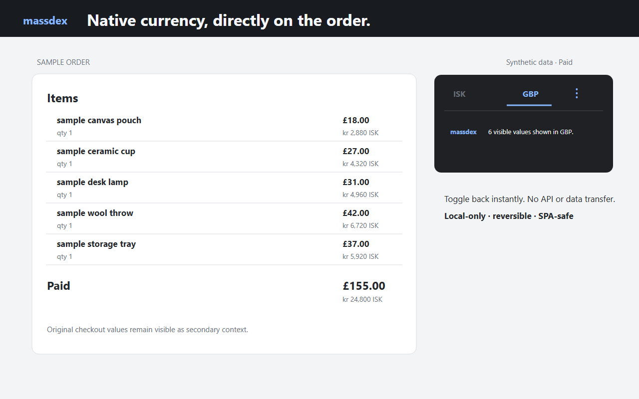 Synthetic Shopify Admin order showing native GBP values with checkout ISK values retained as secondary context